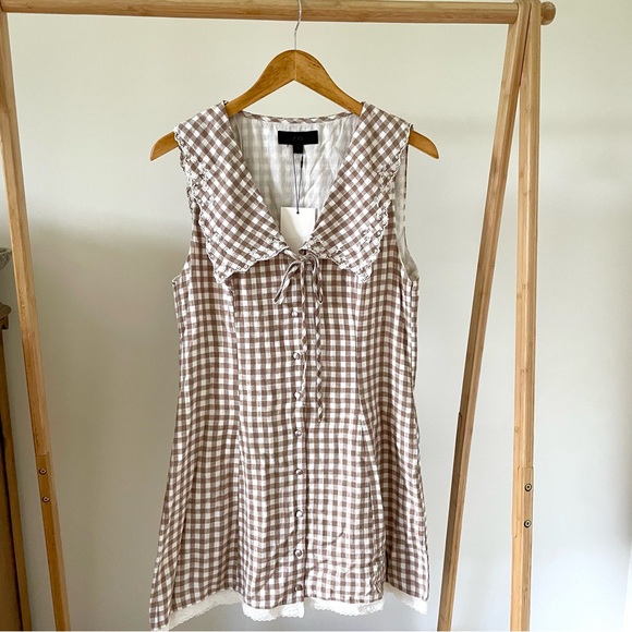 Zara Dresses & Skirts - NWT Zara Gingham Embroidered Bib Collar Tie Front Mini Dress in Brown/White - L